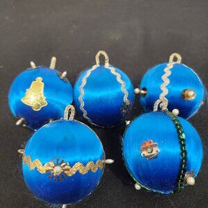 Set of 5 Vintage Blue Satin Ribbon Wrapped and Beaded Christmas Ornament